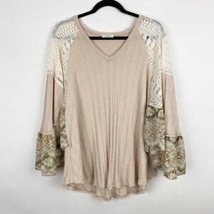 Hummingbird Beige Lace Trim Snake Mixed Print Bell Sleeve V Neck Top M Lagenlook
